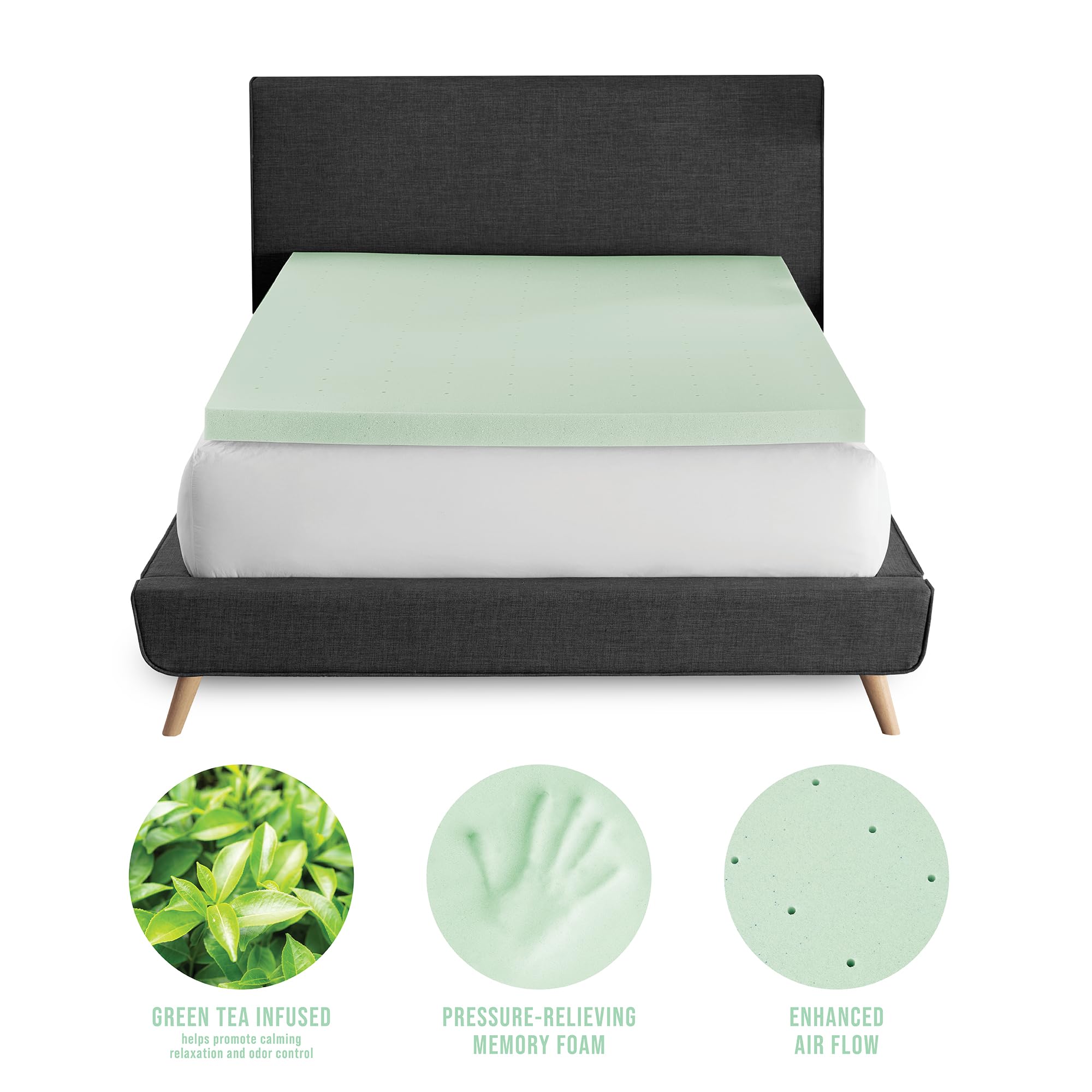 Closeout! Bodipedic Essentials 3 Inch Memory Foam Mattress Topper, Green Tea Infused Mattress Topper, Ventilated Design, CertiPUR-US Certified Foam, Green