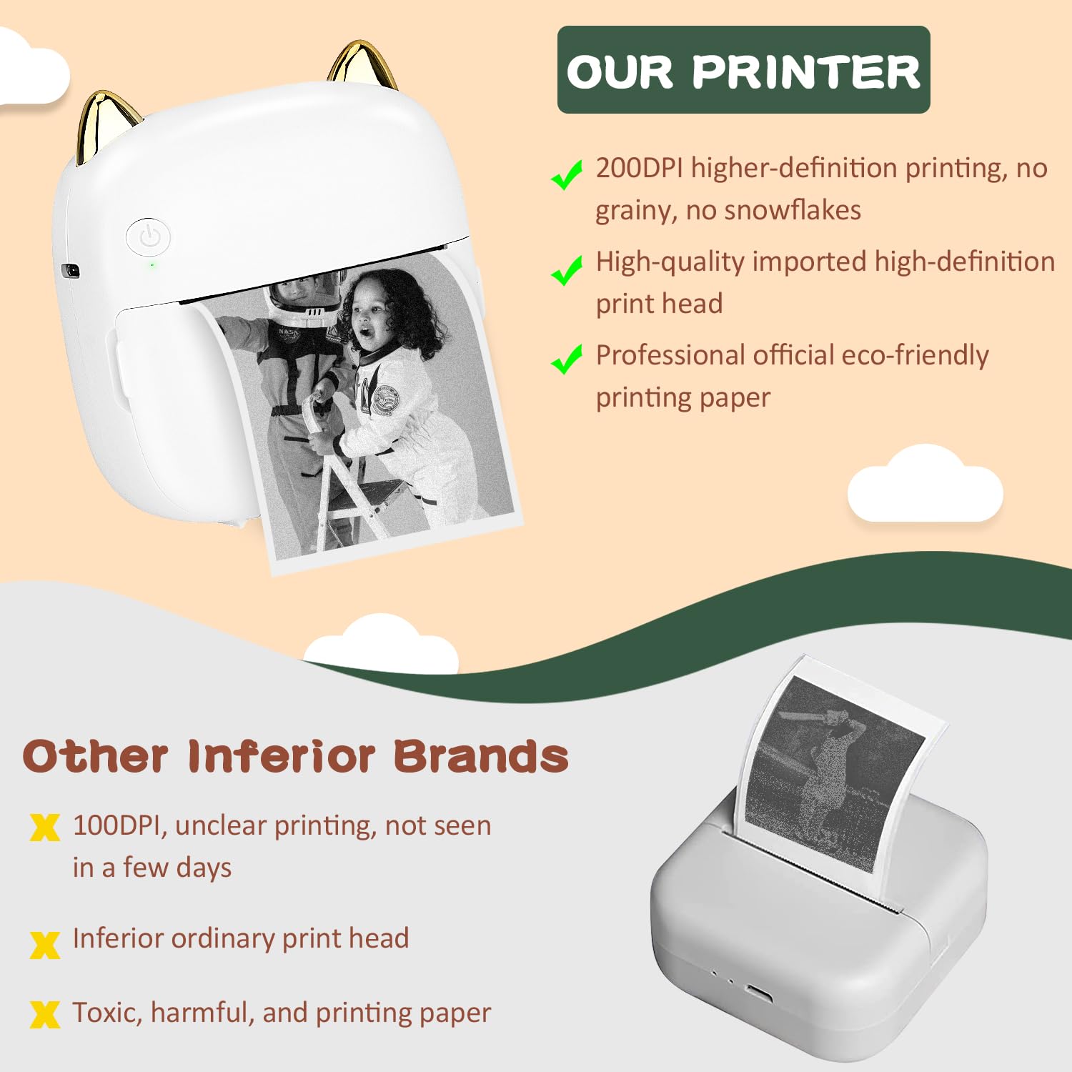 BAISHUN Thermal Mini Printer with RGB Light - Portable Wireless Pocket Bluetooth Inkless Photo Printer for iOS Android Mobile Phone, for Students, Lovers, Friends, Family,9 Rolls Thermal Paper