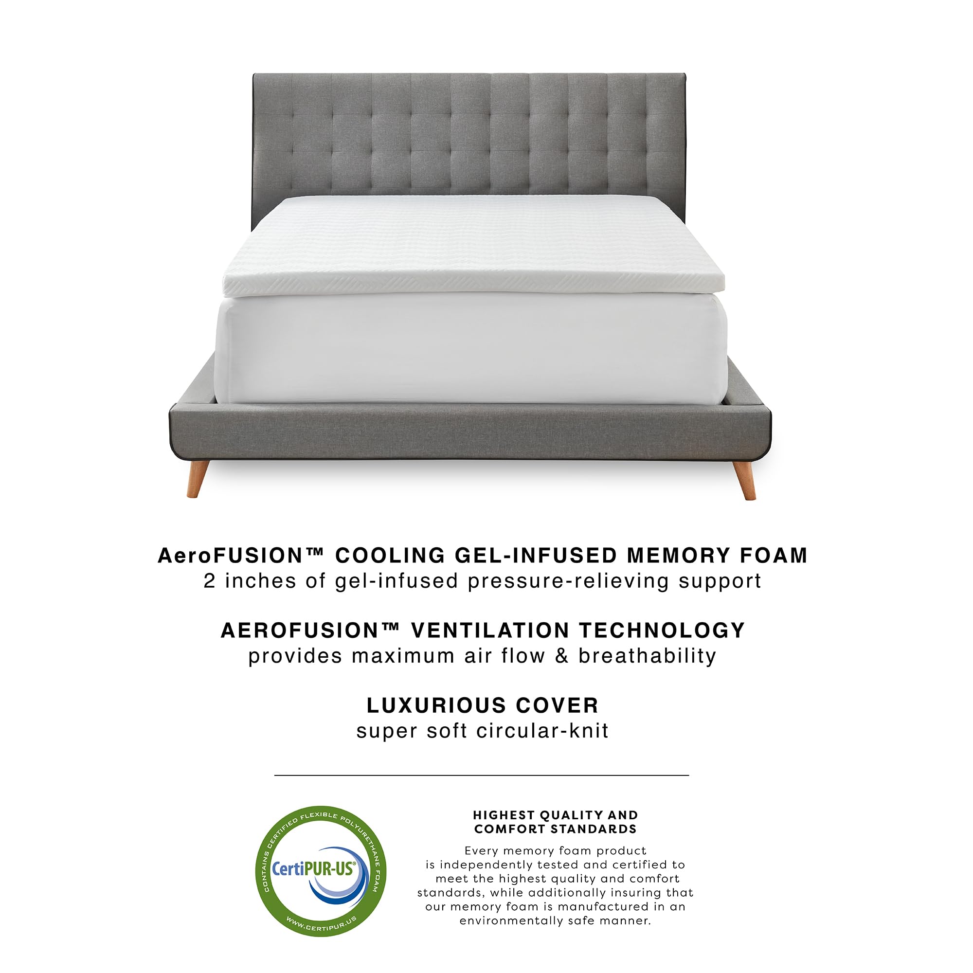 Bodipedic 2 Inch Memory Foam Mattress Topper, Gel Infused Mattress Topper, Luxury Circular-Knit Cover Included, CertiPUR-US Certified Foam, White