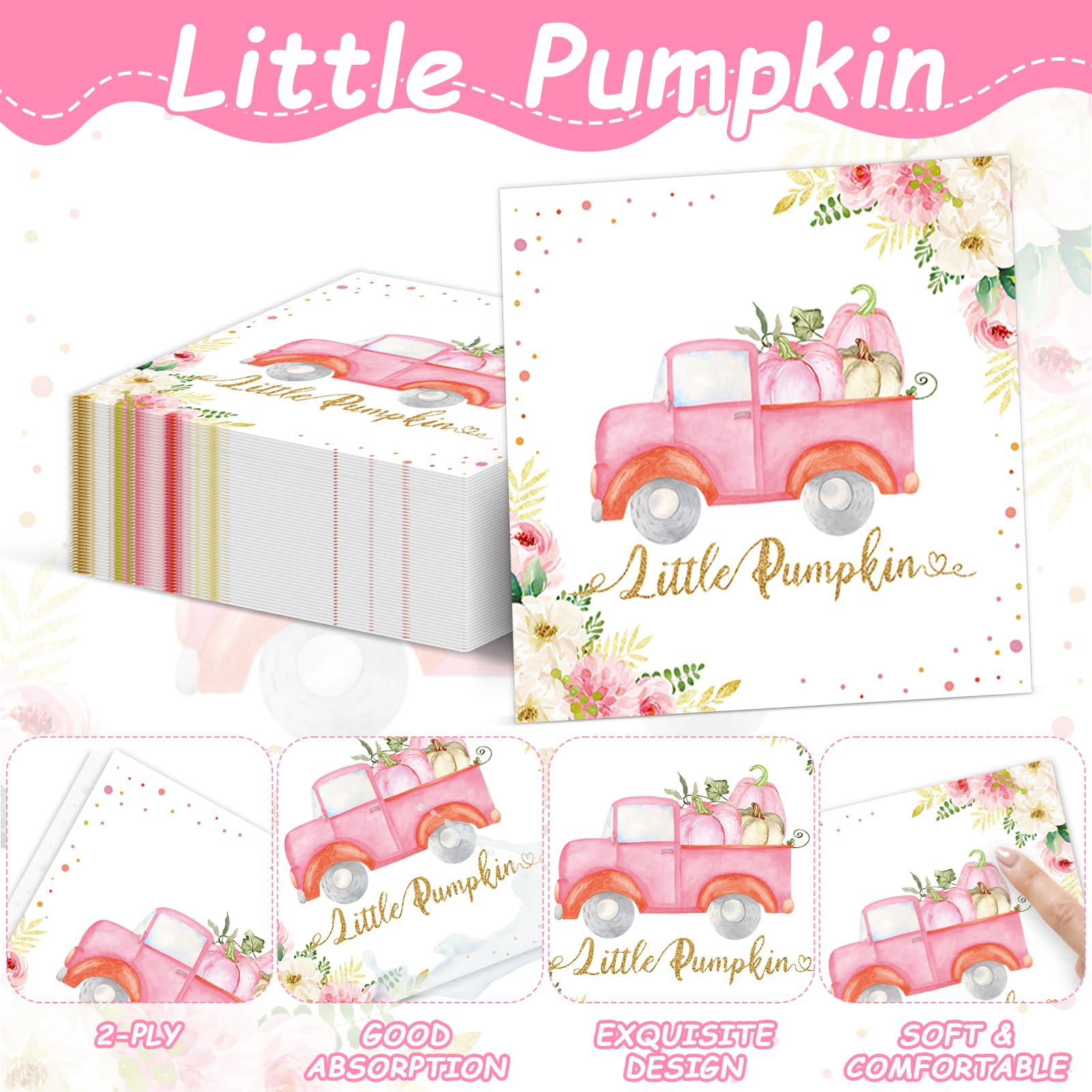 Thankgiving Pink Little Pumpkin Paper Plates Napkins Pink Pumpkin Baby Shower Birthday decorations Girl Tableware A Little Pumpkin is On Her Way Disposable Plates Party Supplies 24 Guest