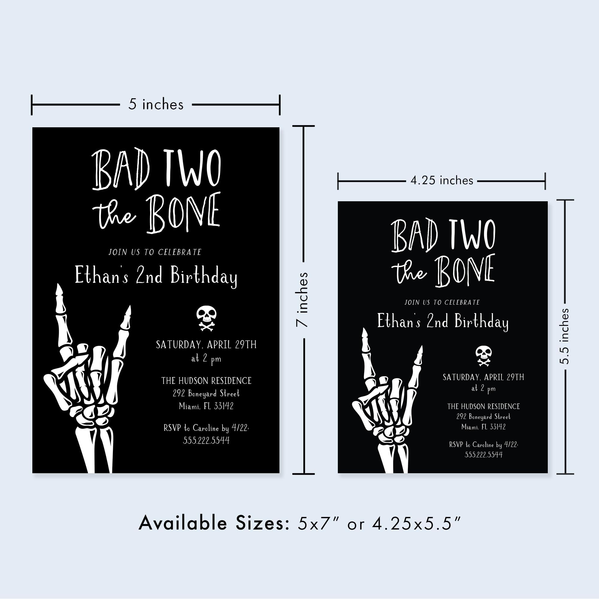 Hello Love Goods Bad Two The Bone Birthday Party Invitations for 2nd Birthday Party, 4.25x5.5 or 5x7 Personalized Invites with Envelopes