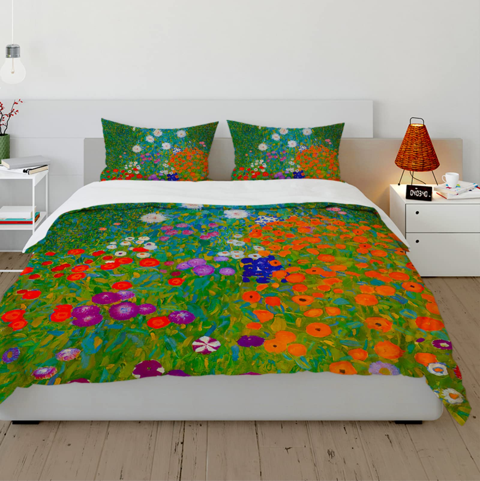 RIVINE Country Style Duvet Cover Set 3 Pieces Gustav Klimt Flower Garden Colorful Plant Microfiber for Bedding Set with 2 Pillow Shams Queen