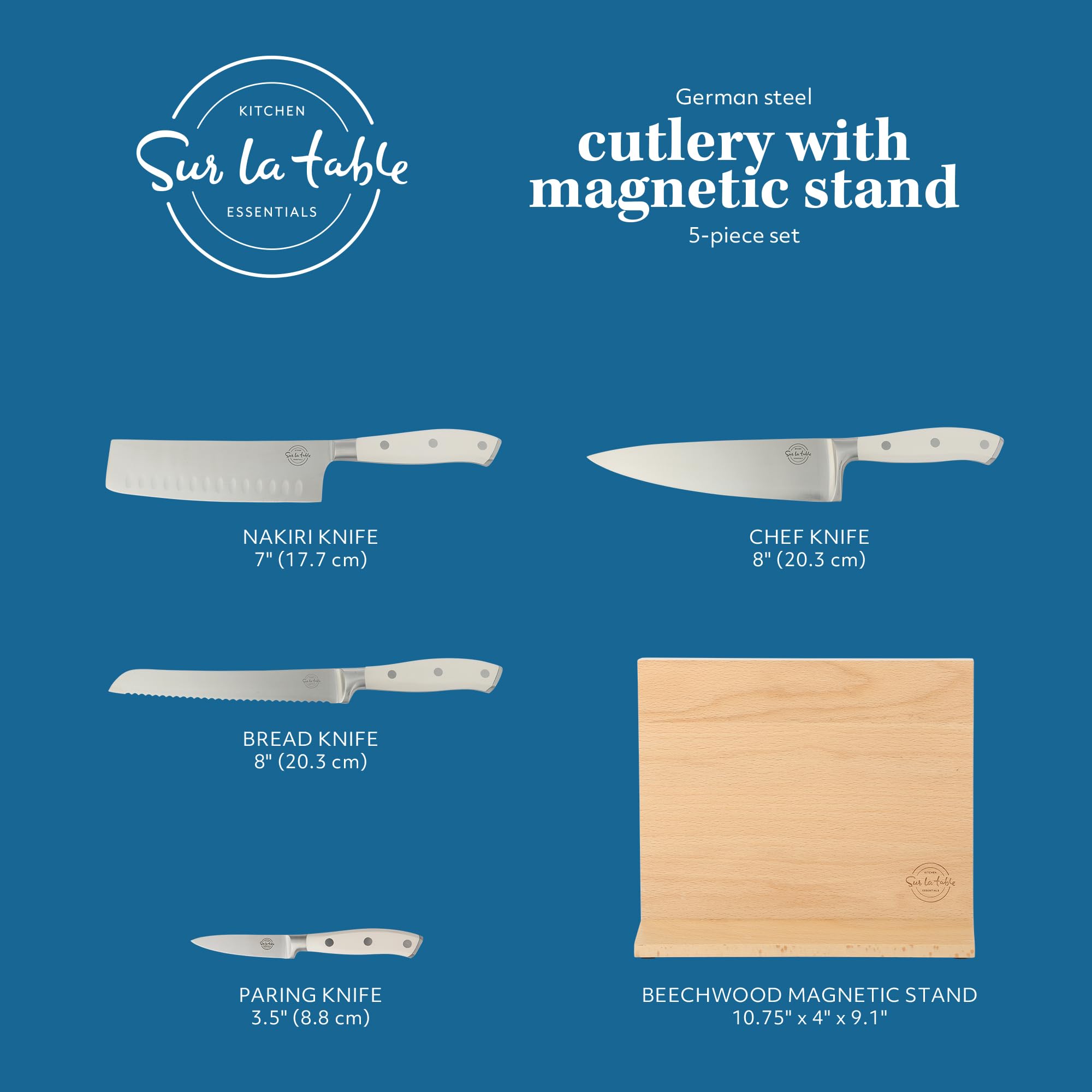 Sur La Table Kitchen Essentials 5 Piece German Steel Blade w/Triple Riveted Handle Set on Beechwood Magnetic Block - Linen White