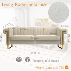 Moxoq Chesterfield Velvet Sofa for Living Room with Gold Metal Legs, 83.86" Mid-Century Modern Luxury Sofa for Bedroom Apartment Office (Beige)