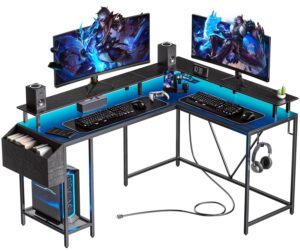 eivanet 53inch l shaped desk,l shaped gaming desk with power outlets & led lights, computer desk with monitor stand & storage bag, home office desk corner desk with hooks, easy to assemble, black