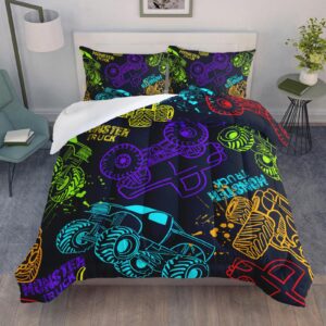 qoomo truck comforter set for kids teens boys,neon truck kids comforter,1 comforter with 2 pillowcase, microfiber 3 piece bedding set,soft and lightweight(black，twin size)