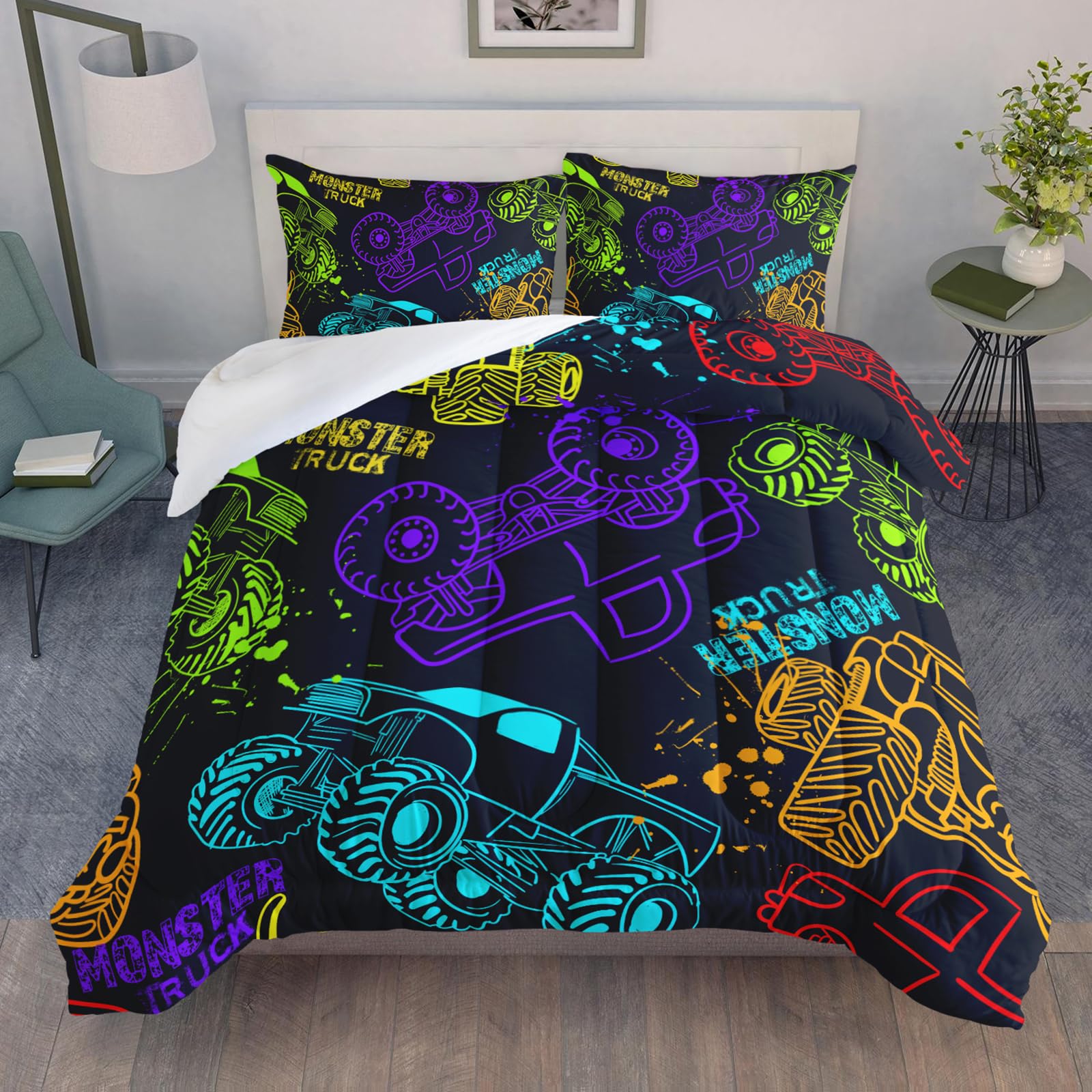 QOOMO Truck Comforter Set for Kids Teens Boys,Neon Truck Kids Comforter,1 Comforter with 2 Pillowcase, Microfiber 3 Piece Bedding Set,Soft and Lightweight(Black，Twin Size)