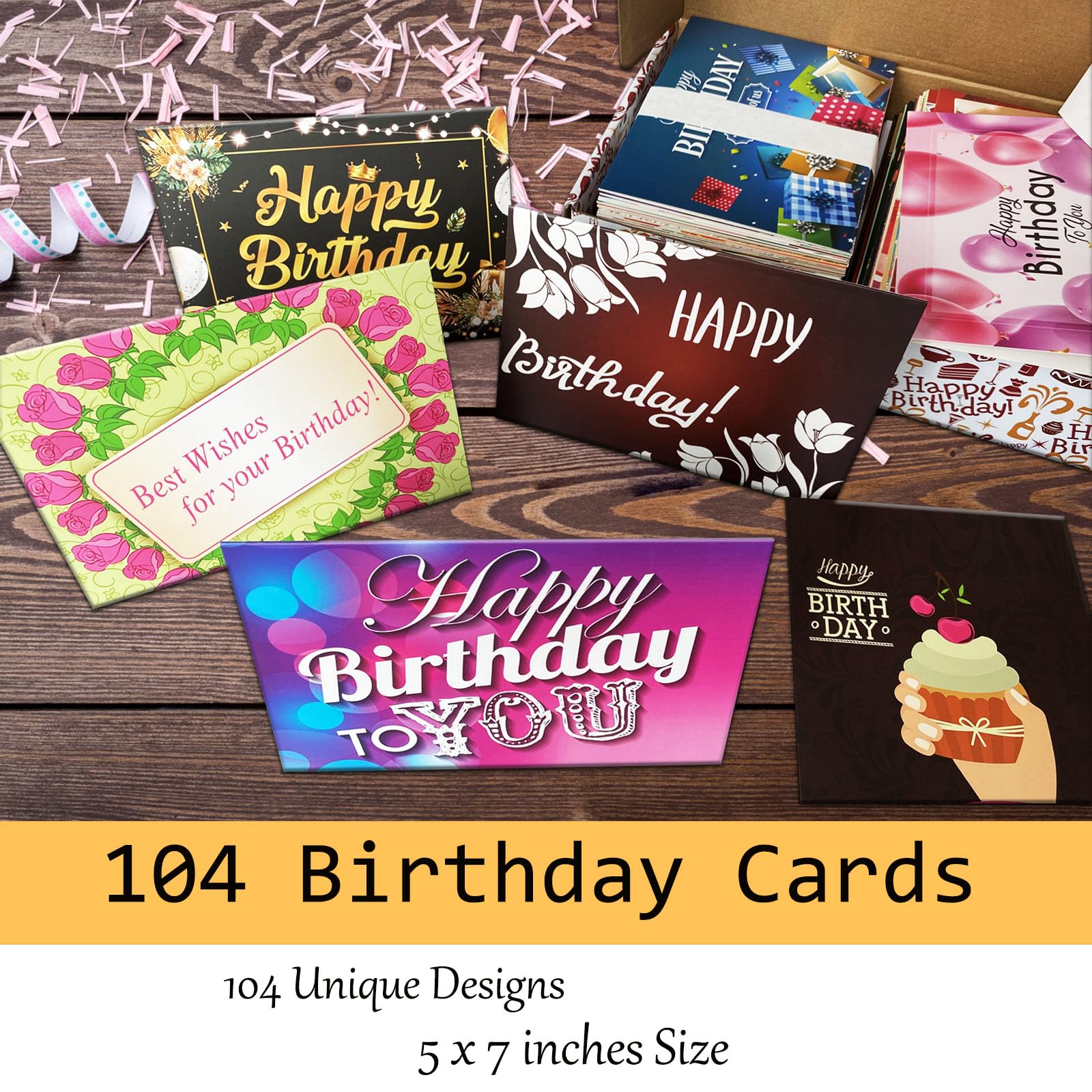 Happy Birthday Cards, 104 Birthday Card Bulk with Envelopes - Blank Inside, 5 x 7 inches Assorted Birthday Greeting Cards in Box