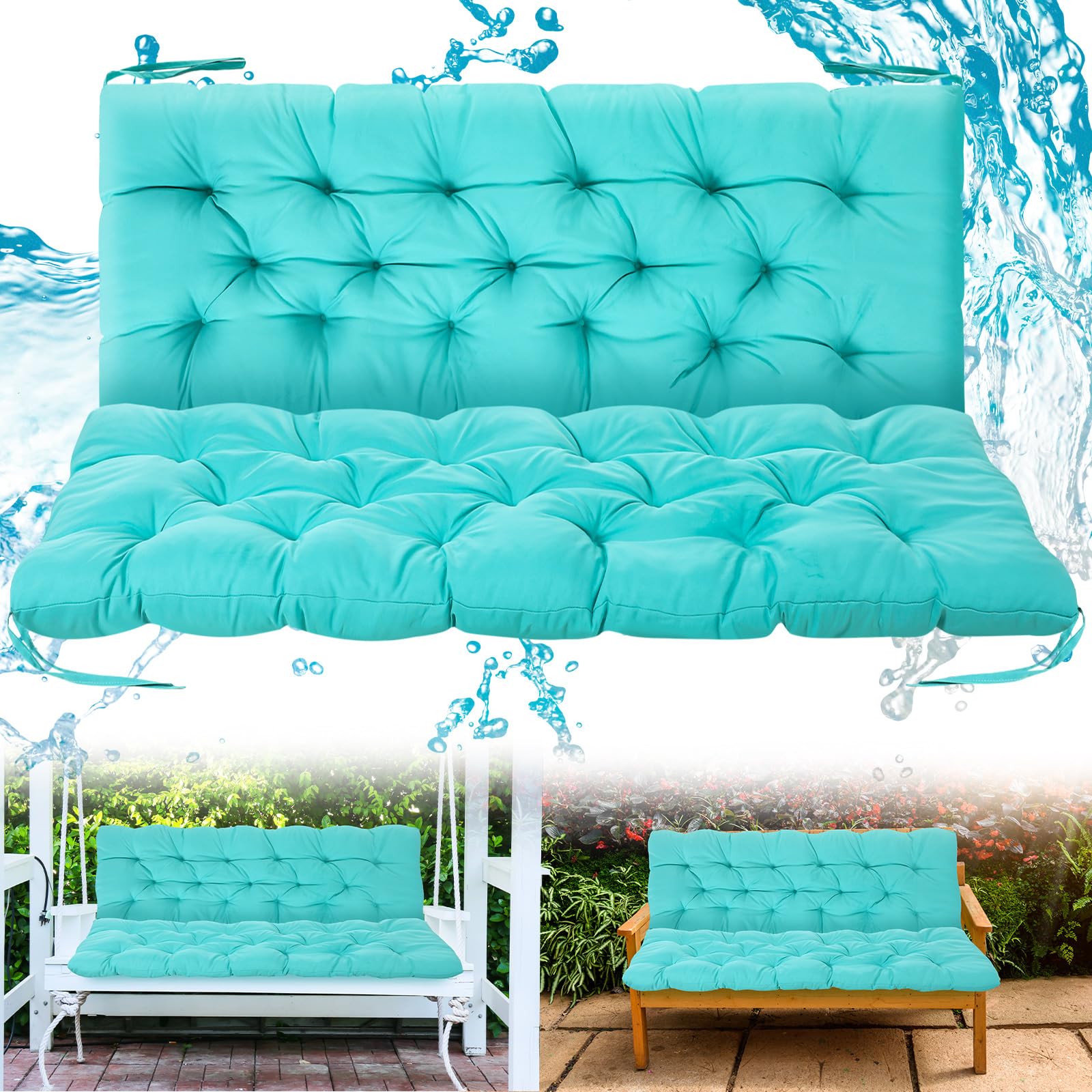 Barydat 2 Pcs 59 x 19.6 Inch Waterproof Bench Cushions for Outdoor Furniture Thicken Patio Swing Cushions 2/3 Seater Couch Cushion Backrest Replacement with Ties for Garden Porch Lounger, Turquoise