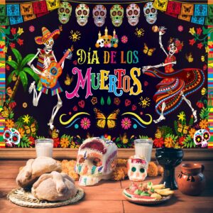 HOWAF Dia De Los Muertos Backdrop Banner, Day of the Dead Party Decoration Background Banner, Sugar Skull Marigold Flower Banner for Halloween Mexican Fiesta Dia De Los Muertos Party Supplies