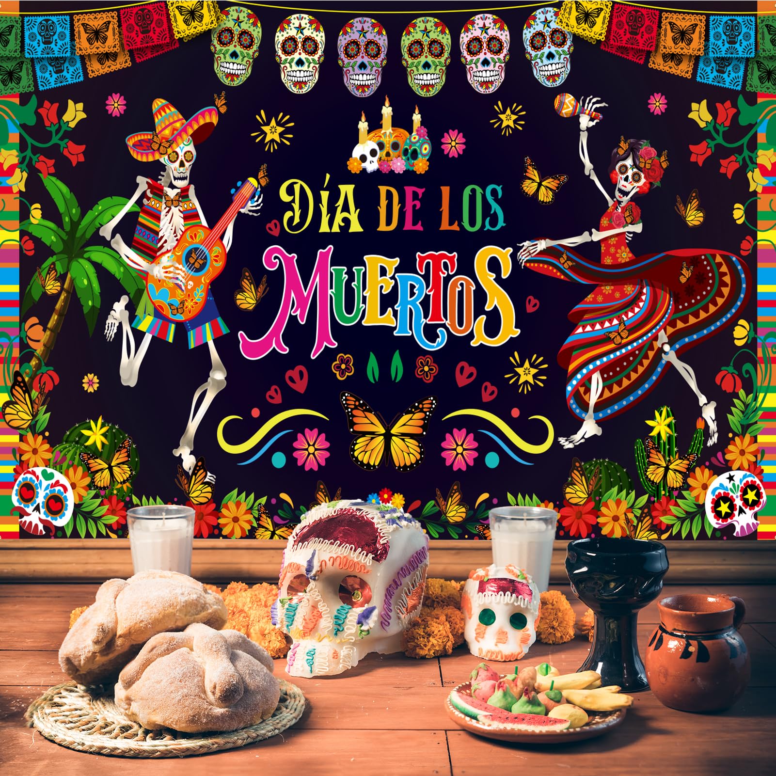 HOWAF Dia De Los Muertos Backdrop Banner, Day of the Dead Party Decoration Background Banner, Sugar Skull Marigold Flower Banner for Halloween Mexican Fiesta Dia De Los Muertos Party Supplies