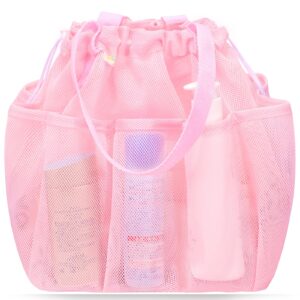 famichan mesh shower caddy portable with drawstring, dorm room essentials for college students girls, large shower bag for camping,swimming,gym,travel,bathroom - pink