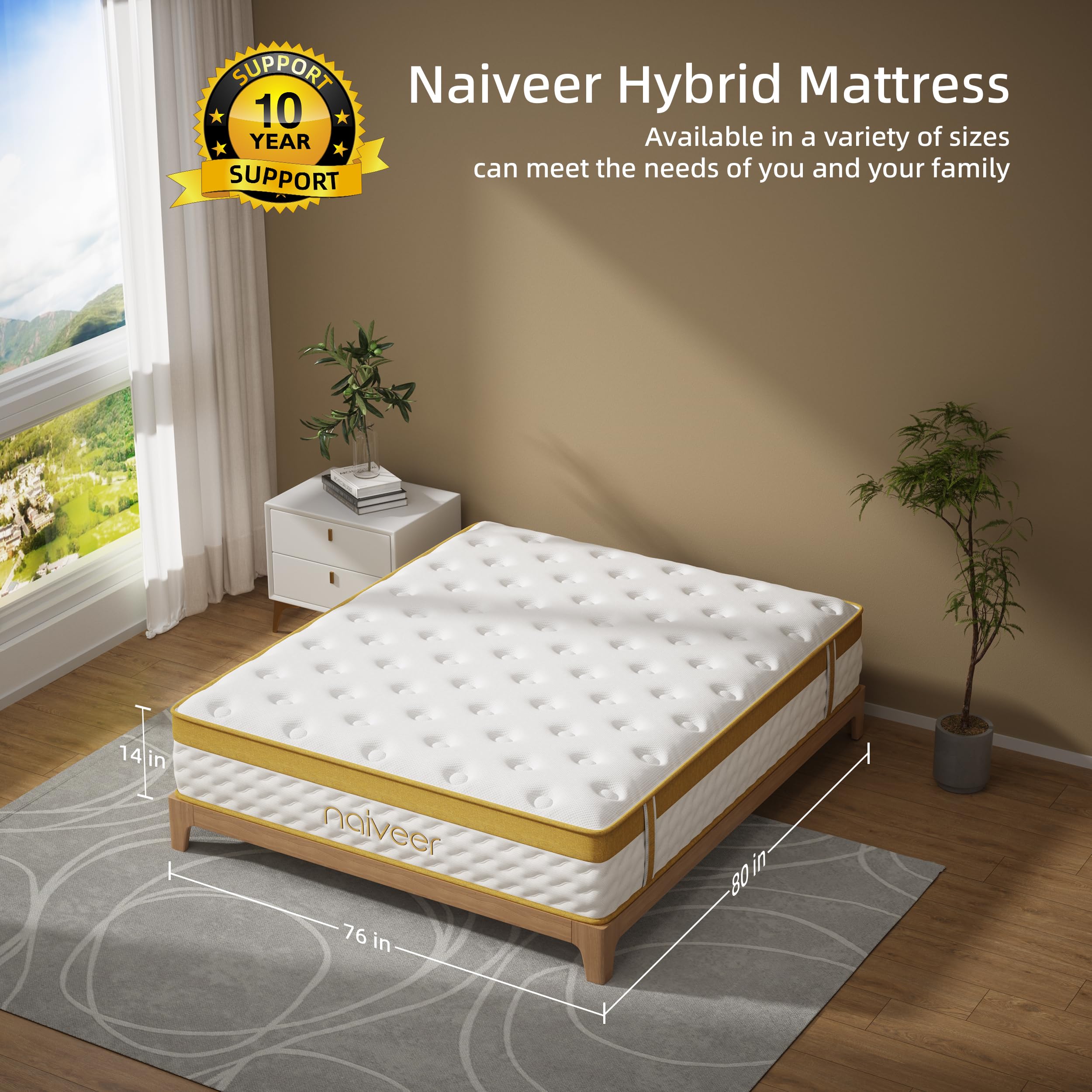 Naiveer Cooling Gel King Size Mattress 14 Inch Memory Foam Hybrid Mattress for Back Pain & Pressure Relief, King Mattress in A Box with Pocket Springs, Medium Firm Feeling with CertiPUR-US Certified