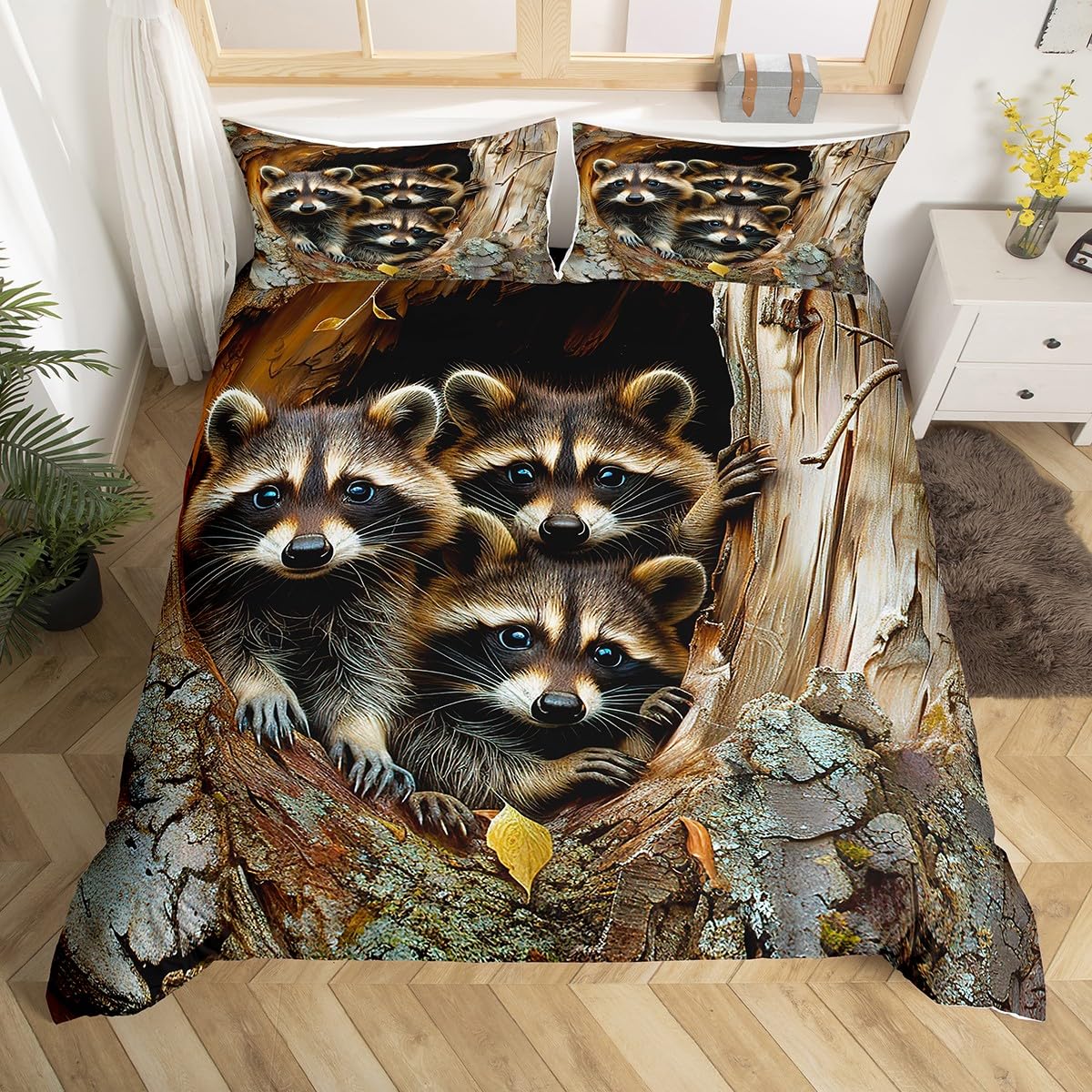 Raccoon Bedding Duvet Cover Set Queen Size Raccoon Bedding Set for Kids Boys Girls Possum Gifts Comforter Cover Set Raccoon Stuffed Animal Family Bedspread Cover Bedroom Bedclothes