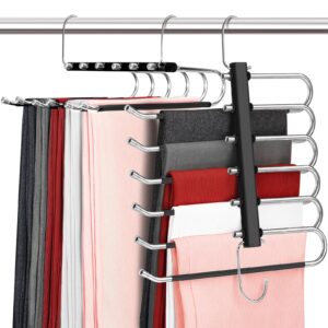 doiown pants hangers space saving: 2 pack 6 tier open ended pants hangers for men women, non slip black hangers for pants, jean, trouser, scarf, multiple hangers in one, closet organizers and storage