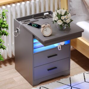 nightstand with gun drawer, charging bedside table with usb & type-c port, led night stand with human sensor light, modern end table with drawers for bedroom office, grey