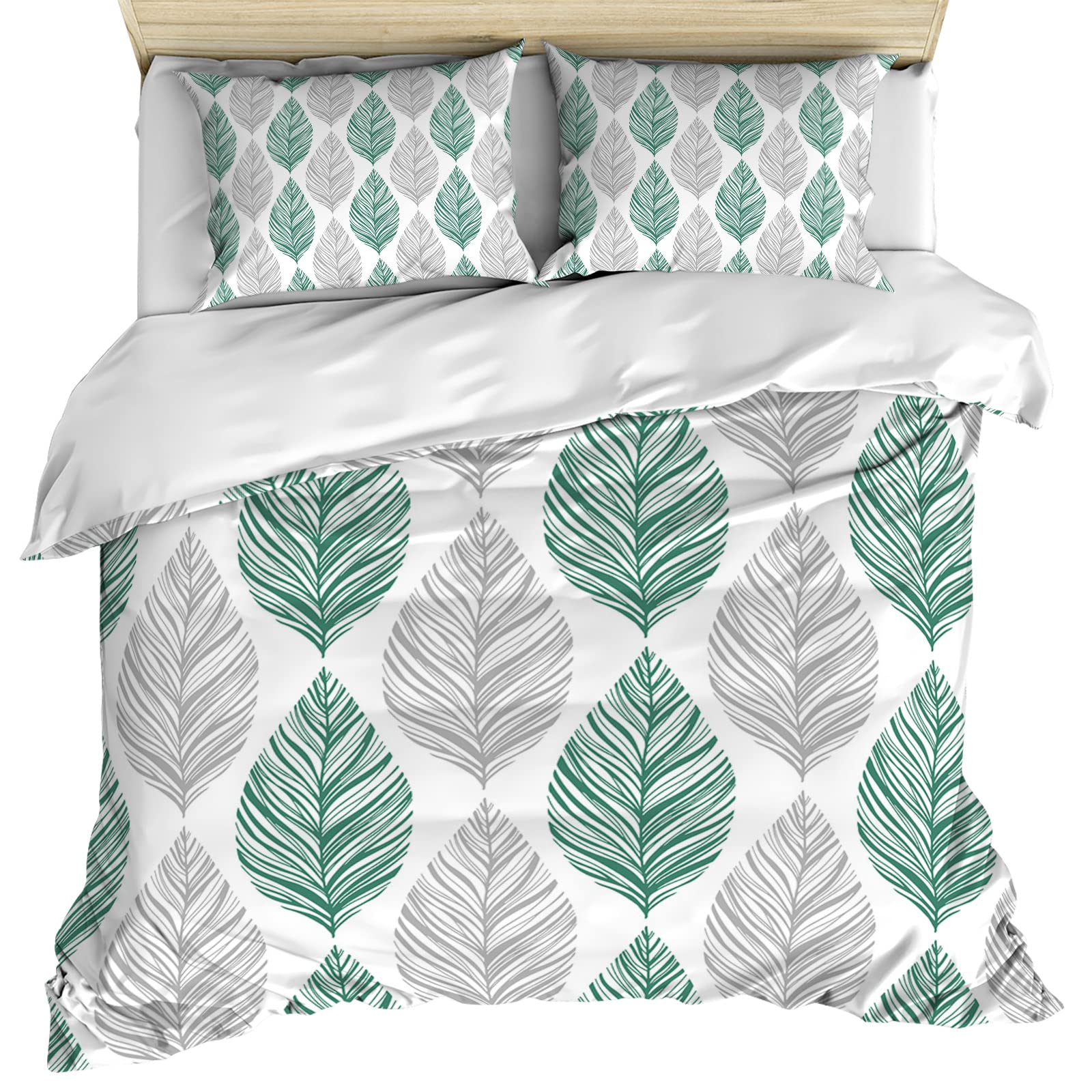 Green and Grey Leaf Texture Duvet Cover Cal. King Size, Gray Abstract Art Leaves Comforter Cover with Zipper Closure, 3 Piece Bedding Sets 1 Duvet Cover 90x106 Inches and 2 Pillow Shams