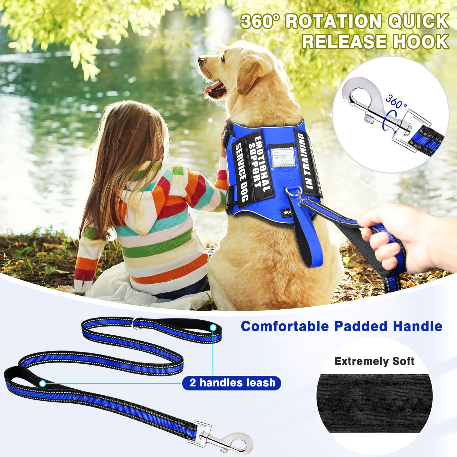 MOOGROU Service Dog Vest Harness and Leash Set+10 Patches,No Pull&Easy Walk Reflective Dog Harness with Soft Padded Handle for Training/Everyday,Fit Small/Medium/Large/Extra-Large Dogs (Blue M)