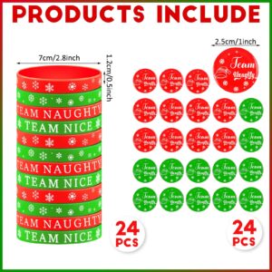 Hiboom 48 Pcs Christmas Team Naughty or Nice Party Favors Set Includes 24 Christmas Silicone Wristbands Rubber Bracelets 24 Button Pins for DIY Christmas Birthday Party Supplies