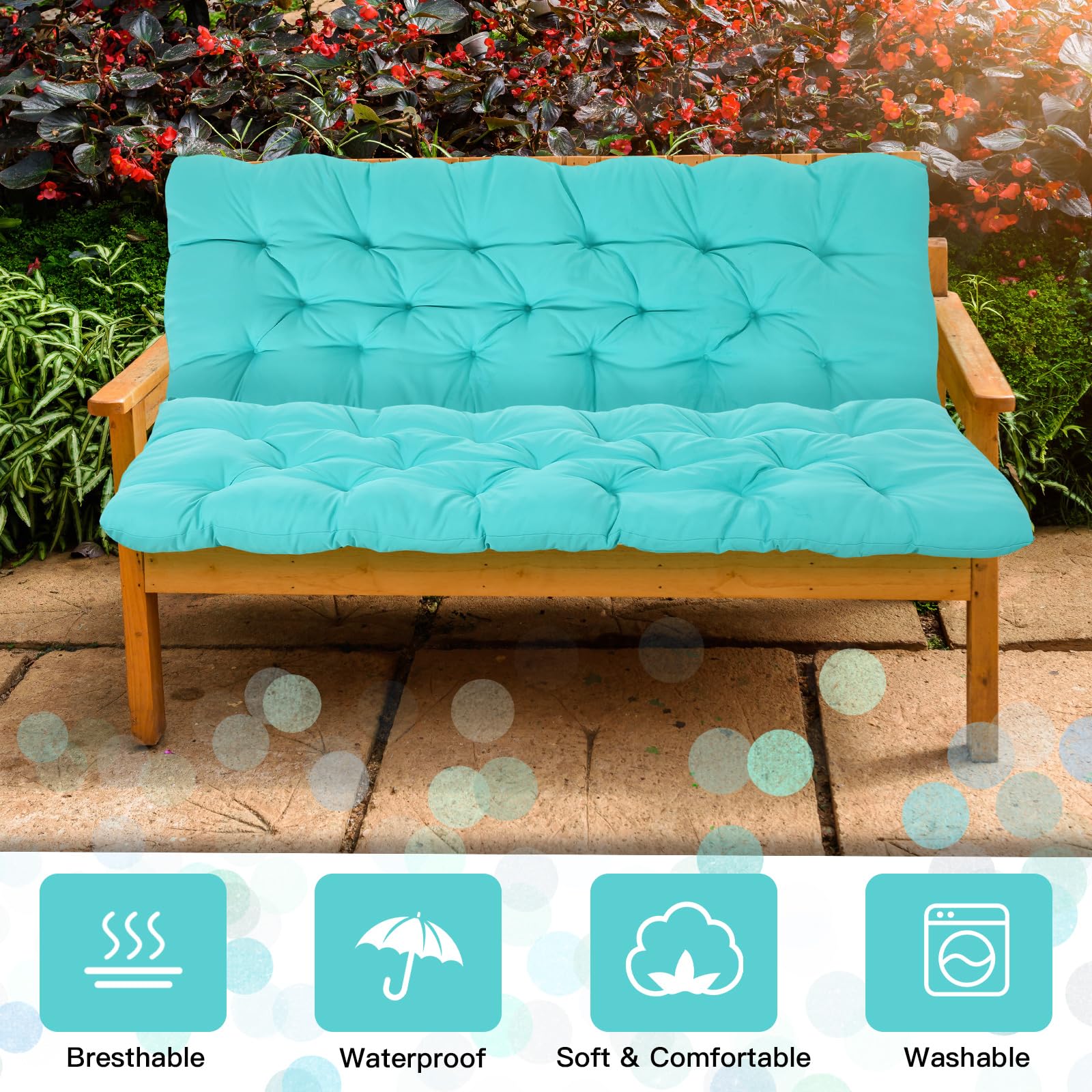 Barydat 2 Pcs 59 x 19.6 Inch Waterproof Bench Cushions for Outdoor Furniture Thicken Patio Swing Cushions 2/3 Seater Couch Cushion Backrest Replacement with Ties for Garden Porch Lounger, Turquoise