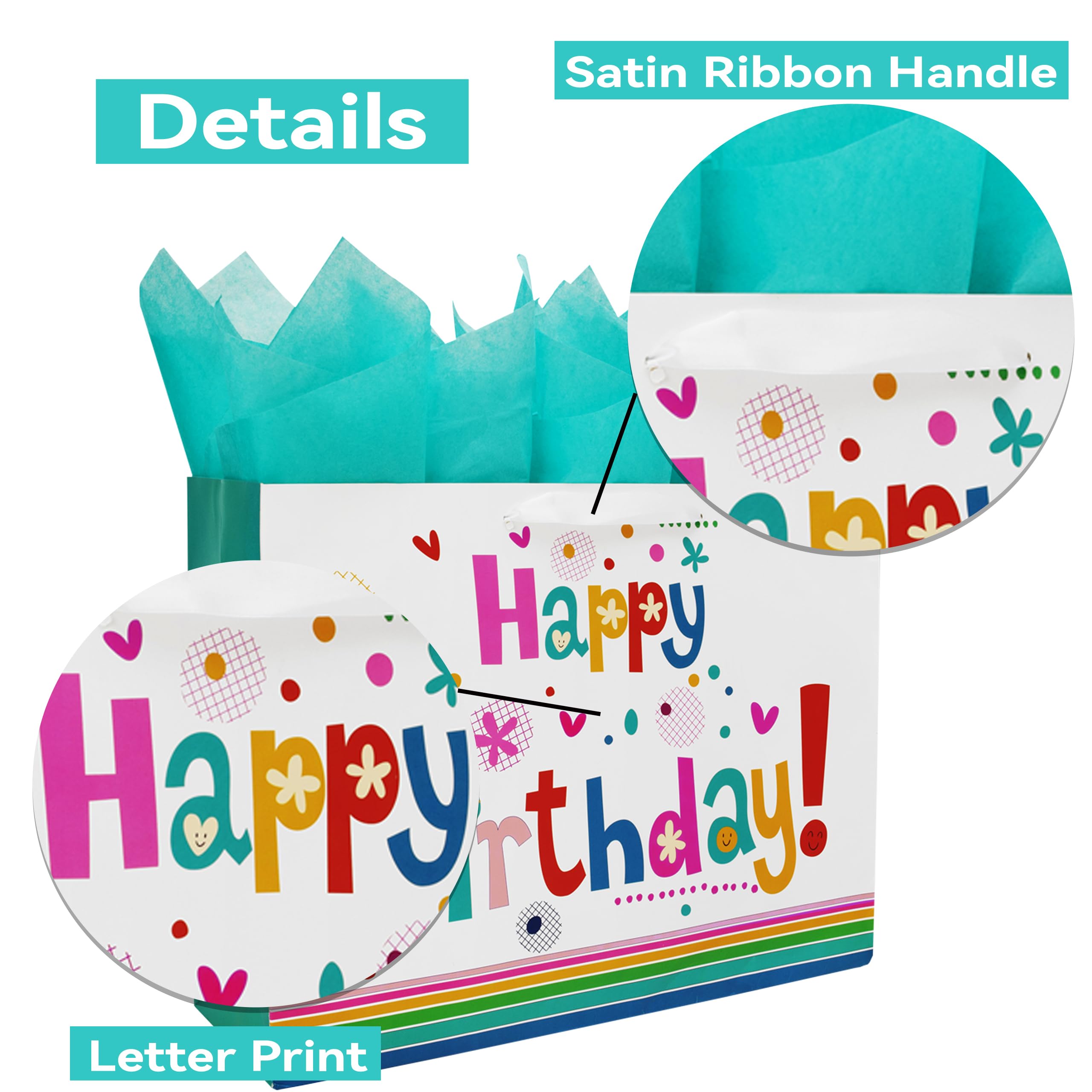 Qirrmiy 16.5” Extra Large Gift Bag Set with Greeting Card and Green Tissue Paper(Cute ‘Happy Birthday’) for Baby Shower,Kids Birthday Party,Men and Women, Newborn,New Moms or Parents, and More