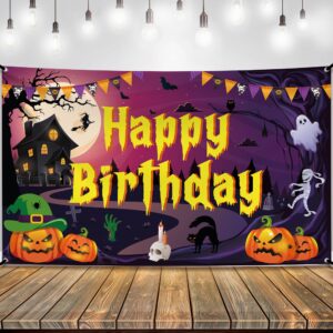 katchon, happy birthday halloween banner - xtralarge, 72x44 inch | purple halloween birthday banner for halloween birthday party decorations | halloween backdrop, halloween birthday party backdrop