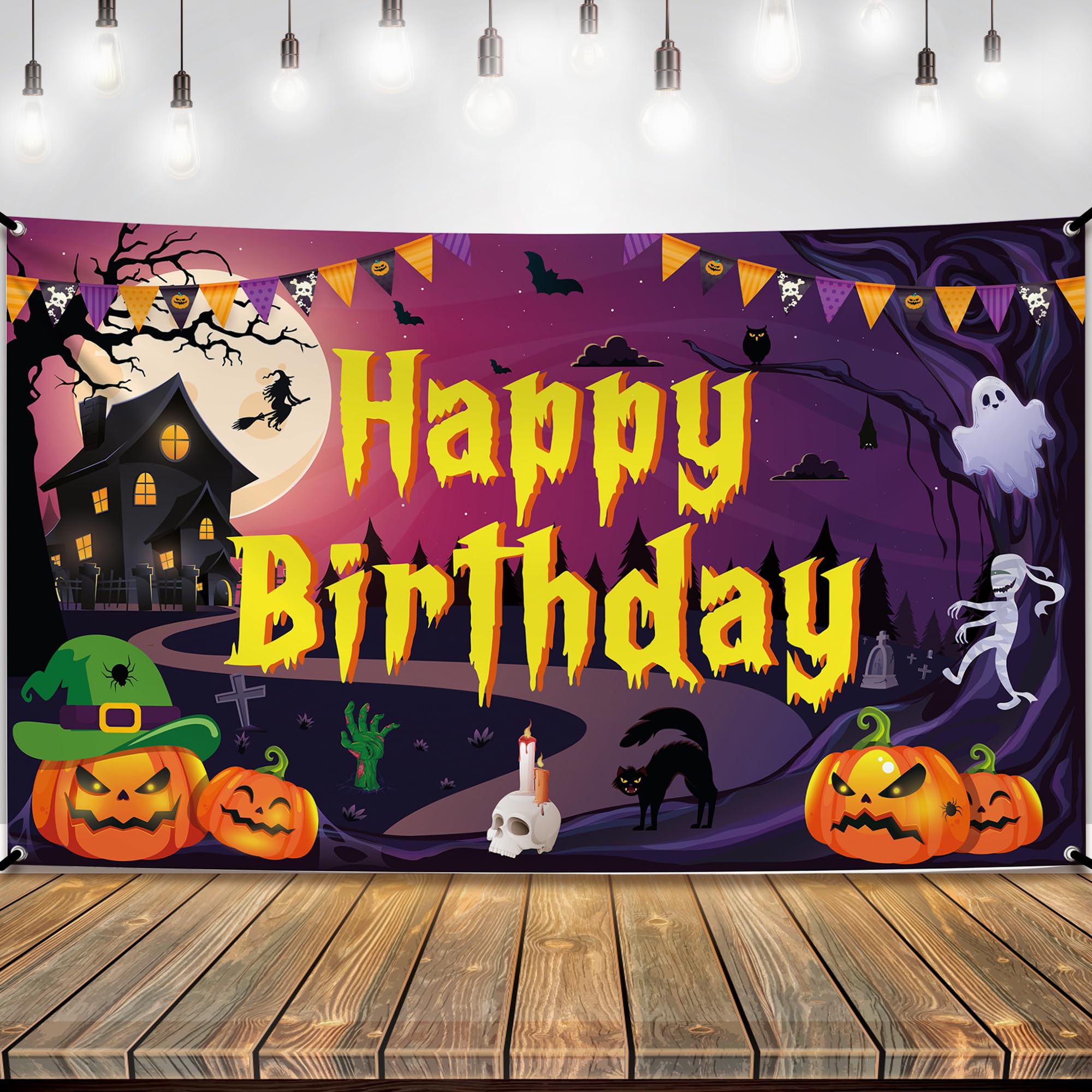 KatchOn, Happy Birthday Halloween Banner - XtraLarge, 72x44 Inch | Purple Halloween Birthday Banner for Halloween Birthday Party Decorations | Halloween Backdrop, Halloween Birthday Party Backdrop