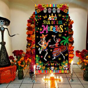 HOWAF Dia De Los Muertos Door Cover, Day of the Dead Party Decoration Door Banner, Sugar Skull Marigold Flower Welcome Banner for Halloween Mexican Fiesta Dia De Los Muertos Party Supplies