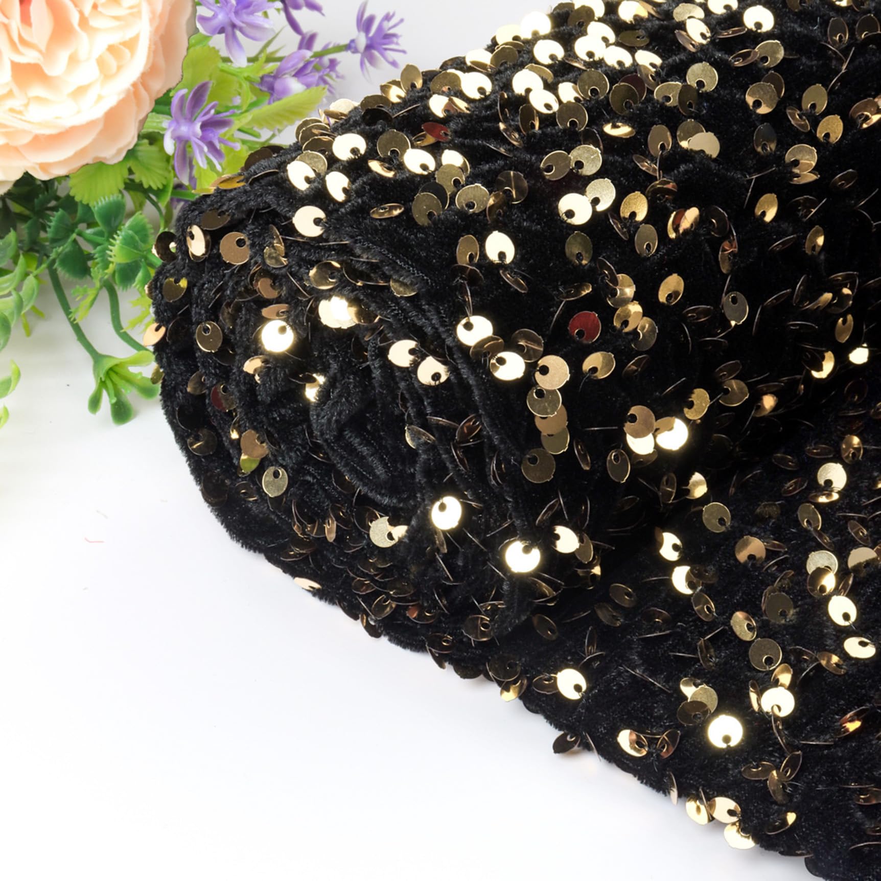 ShinyBeauty Black Gold Fabric Sequin Fabrics by The Yard 3 feet Soft Velvet Material for Sewing Dress Clothing DIY Craft