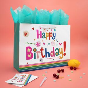 Qirrmiy 16.5” Extra Large Gift Bag Set with Greeting Card and Green Tissue Paper(Cute ‘Happy Birthday’) for Baby Shower,Kids Birthday Party,Men and Women, Newborn,New Moms or Parents, and More