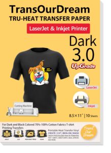 transourdream iron on heat transfer paper for dark t shirts (10 sheets 8.5x11", dark 3.0) printable htv vinyl for inkjet & laserjet printer, transfers paper for dark fabric