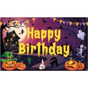 KatchOn, Happy Birthday Halloween Banner - XtraLarge, 72x44 Inch | Purple Halloween Birthday Banner for Halloween Birthday Party Decorations | Halloween Backdrop, Halloween Birthday Party Backdrop