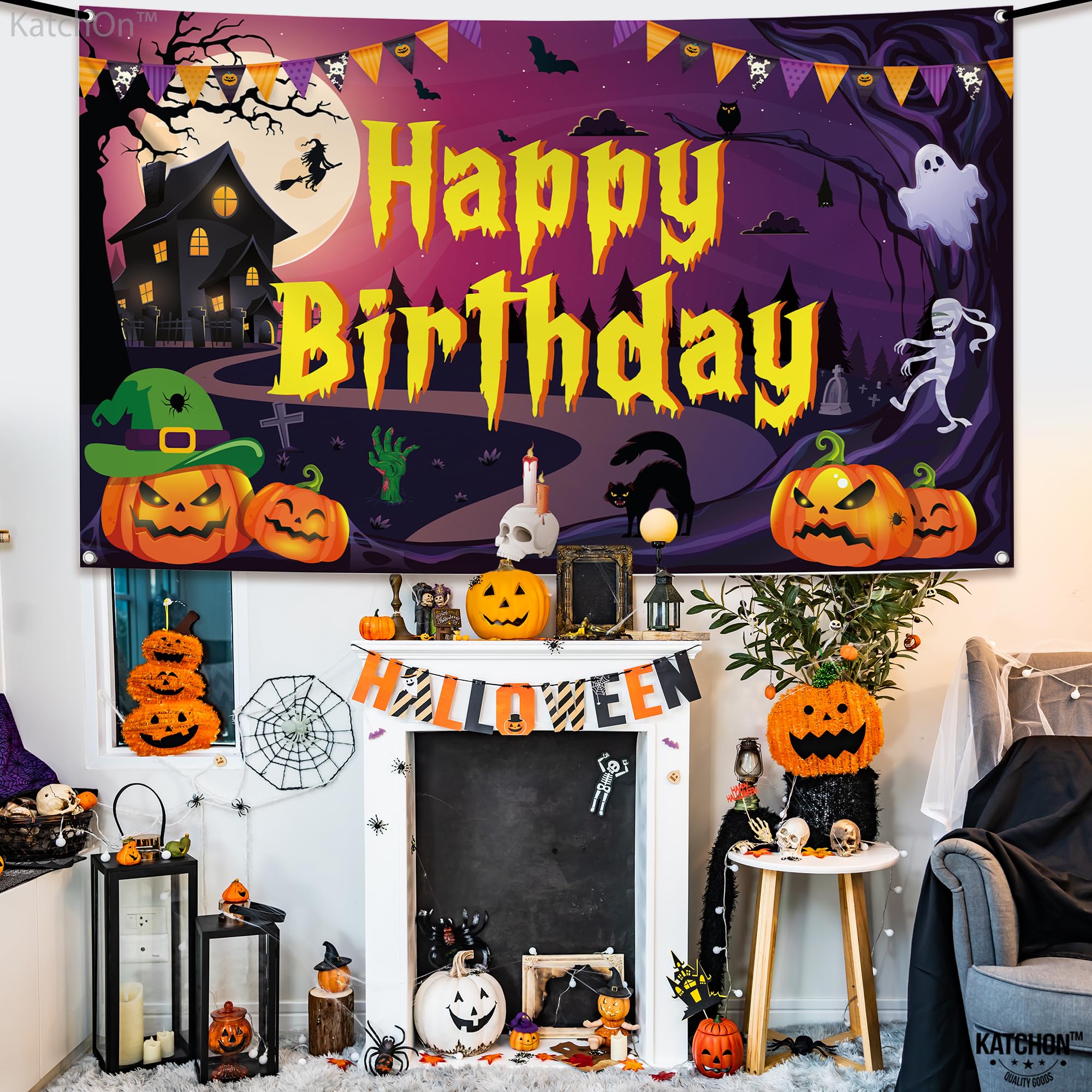 KatchOn, Happy Birthday Halloween Banner - XtraLarge, 72x44 Inch | Purple Halloween Birthday Banner for Halloween Birthday Party Decorations | Halloween Backdrop, Halloween Birthday Party Backdrop