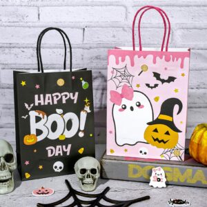 AnyDesign 24Pcs Halloween Paper Gift Bags with Handles 4 Design Halloween Boo Theme Bags Ghost Pumpkin Black Pink Candy Bags Goodie Present Bags for Gift Wrapping Halloween Birthday Party Favor