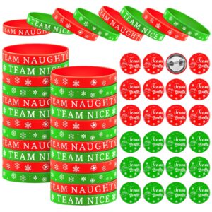 hiboom 48 pcs christmas team naughty or nice party favors set includes 24 christmas silicone wristbands rubber bracelets 24 button pins for diy christmas birthday party supplies