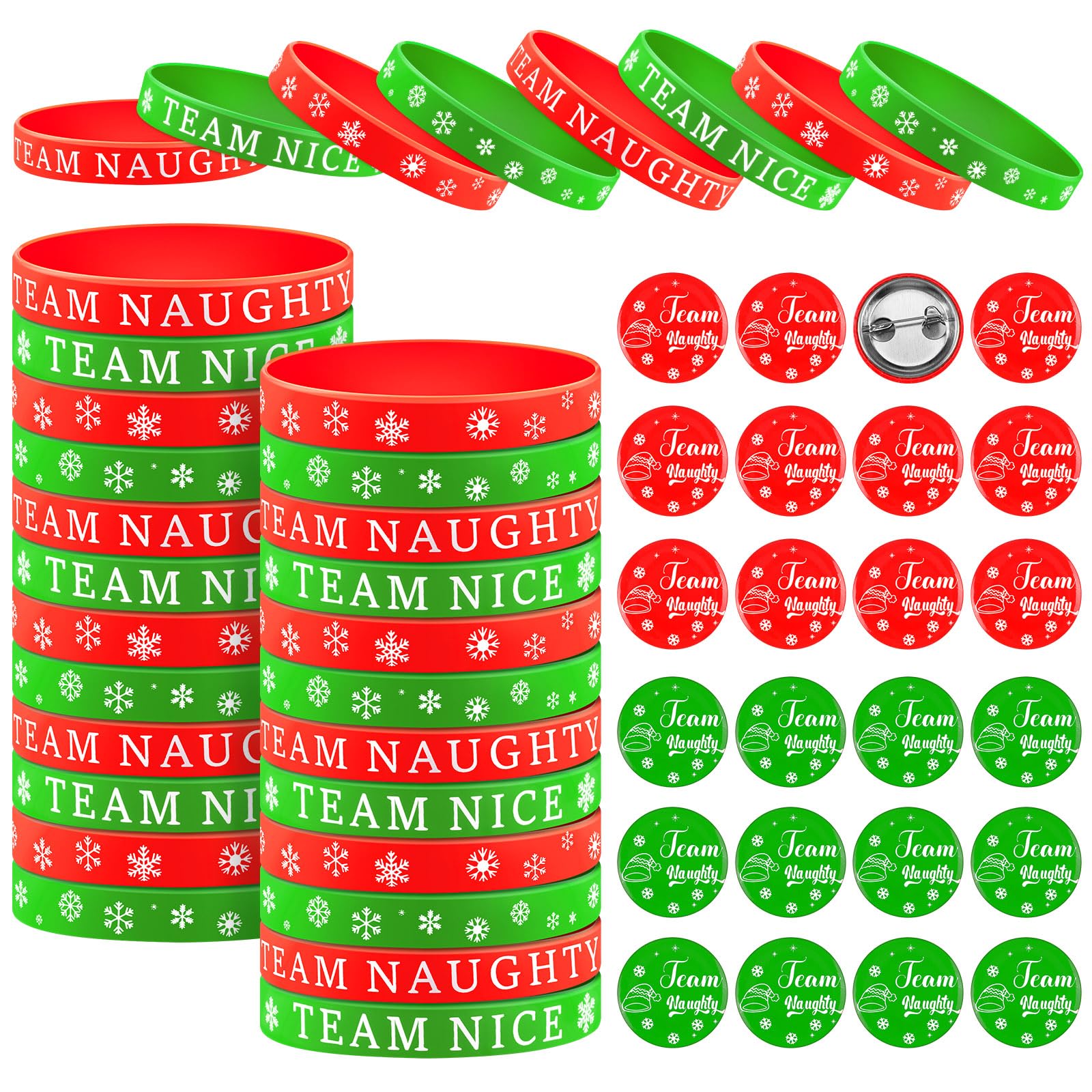 Hiboom 48 Pcs Christmas Team Naughty or Nice Party Favors Set Includes 24 Christmas Silicone Wristbands Rubber Bracelets 24 Button Pins for DIY Christmas Birthday Party Supplies