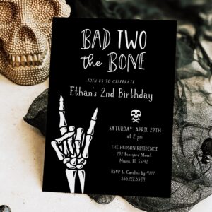 Hello Love Goods Bad Two The Bone Birthday Party Invitations for 2nd Birthday Party, 4.25x5.5 or 5x7 Personalized Invites with Envelopes