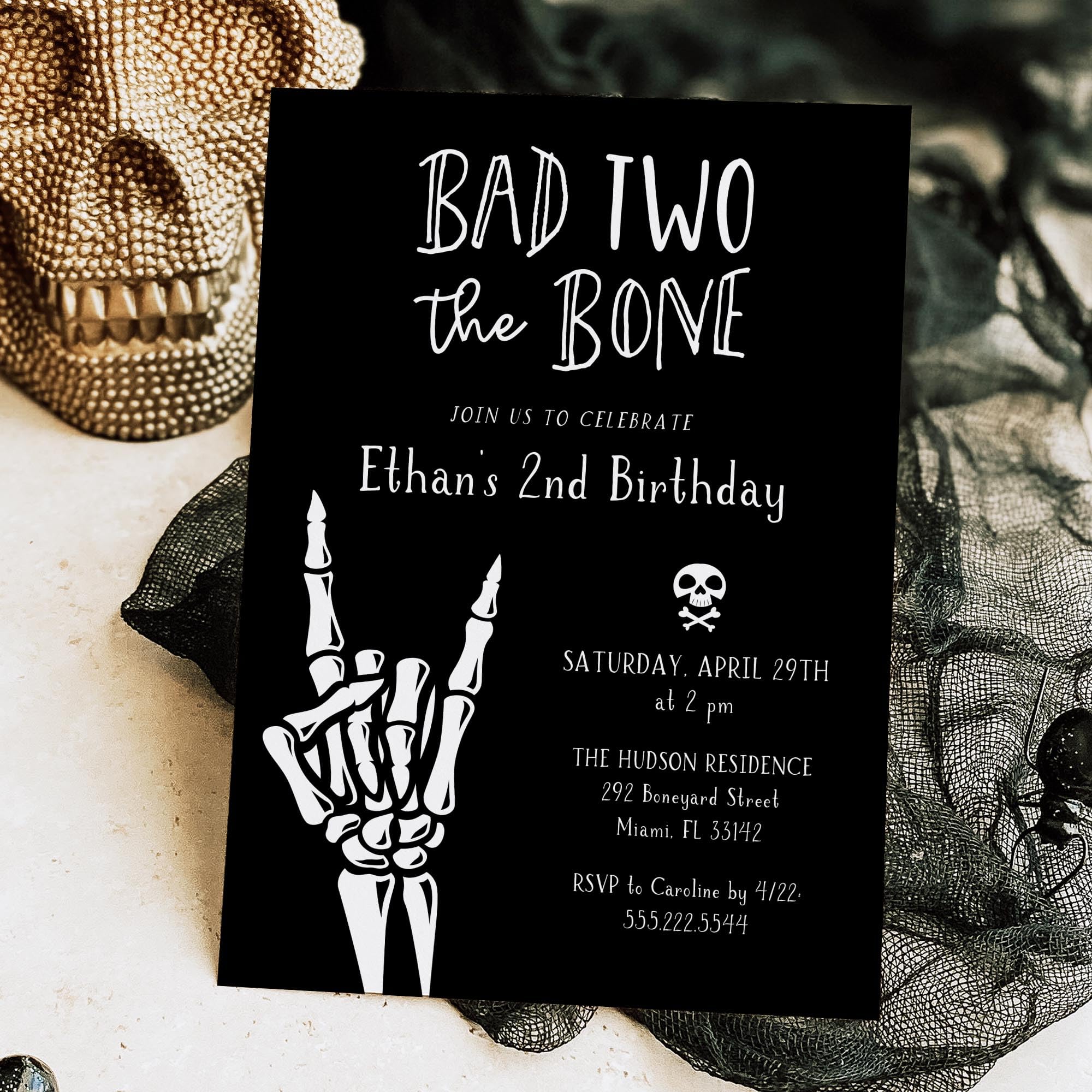 Hello Love Goods Bad Two The Bone Birthday Party Invitations for 2nd Birthday Party, 4.25x5.5 or 5x7 Personalized Invites with Envelopes