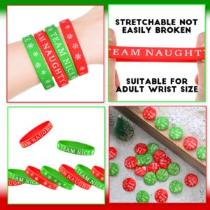 Hiboom 48 Pcs Christmas Team Naughty or Nice Party Favors Set Includes 24 Christmas Silicone Wristbands Rubber Bracelets 24 Button Pins for DIY Christmas Birthday Party Supplies