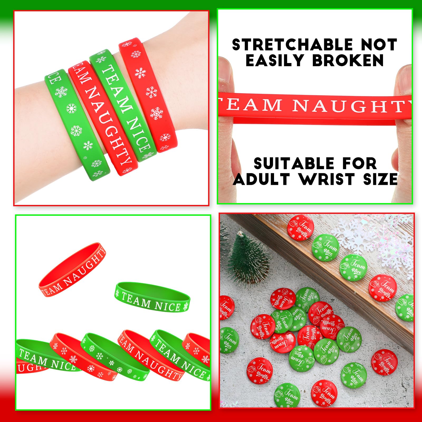 Hiboom 48 Pcs Christmas Team Naughty or Nice Party Favors Set Includes 24 Christmas Silicone Wristbands Rubber Bracelets 24 Button Pins for DIY Christmas Birthday Party Supplies