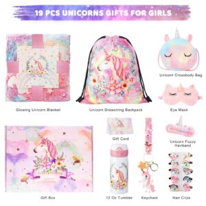 Runeaoys Unicorn Toys for Girls Age 4-6 6-8, Girl Christmas Birthday Thanksgiving Gifts Box for 3 4 5 6 7 8 9 10 Year Old with Unicorn Glow in The Dark Blanket Water Bottle Kairclip Bag