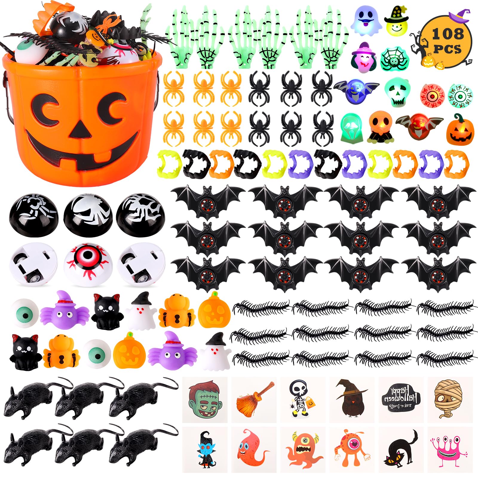 SCIONE 108Pcs Halloween Gooide Bag Stuffers for Kids,Halloween Trick or Treat Toys,Non Candy Halloween Treat Bag Fillers,Halloween Party Favors Toys Bulk for Kids 4-8 8-12,Halloween Pumpkin with Toys