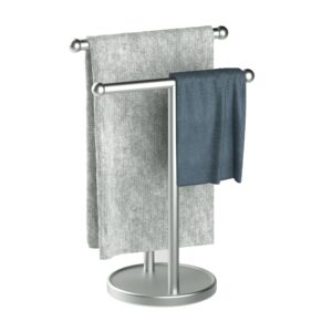 qflushor 2-tier hand towel holder stand with weighted base, 16.7" countertop towel holder for bathroom, standing towel rack stainless steel, double fingertip towel holders, silver