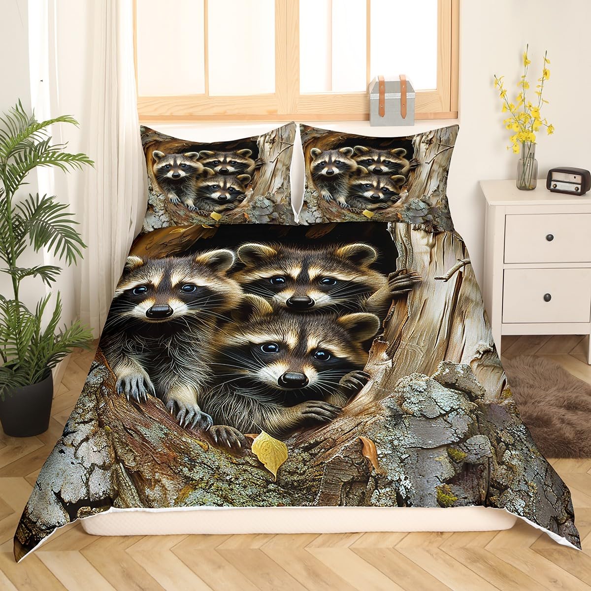 Raccoon Bedding Duvet Cover Set Queen Size Raccoon Bedding Set for Kids Boys Girls Possum Gifts Comforter Cover Set Raccoon Stuffed Animal Family Bedspread Cover Bedroom Bedclothes