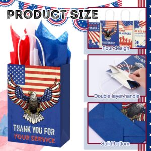 Cholemy 48 Pcs Veterans Day Patriotic Thank You Gift Bags with Red White Blue Tissue Paper Vintage American Treat 4th of July Goodie Bags with Handles Independence Day Party Gift Wrap Bags