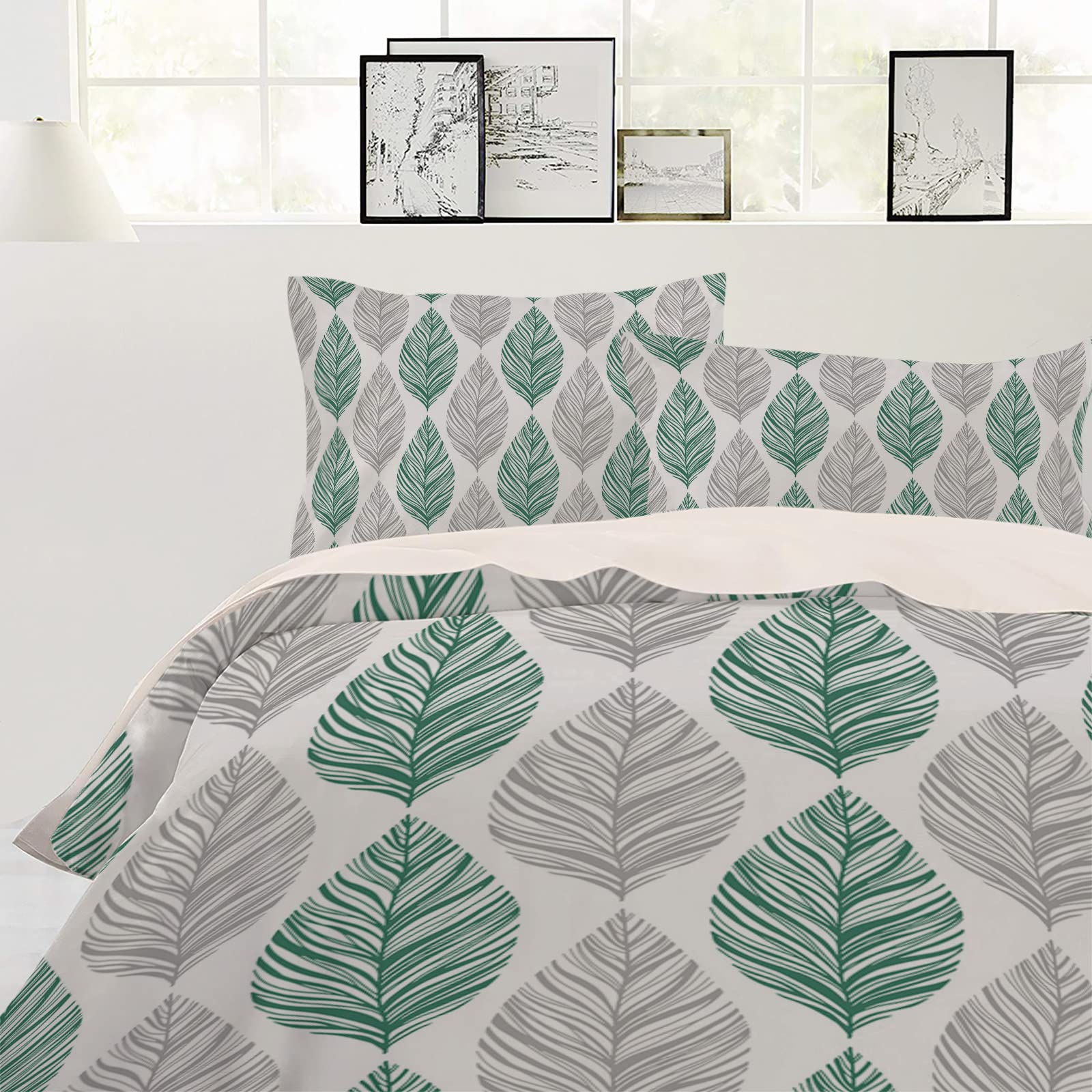 Green and Grey Leaf Texture Duvet Cover Cal. King Size, Gray Abstract Art Leaves Comforter Cover with Zipper Closure, 3 Piece Bedding Sets 1 Duvet Cover 90x106 Inches and 2 Pillow Shams