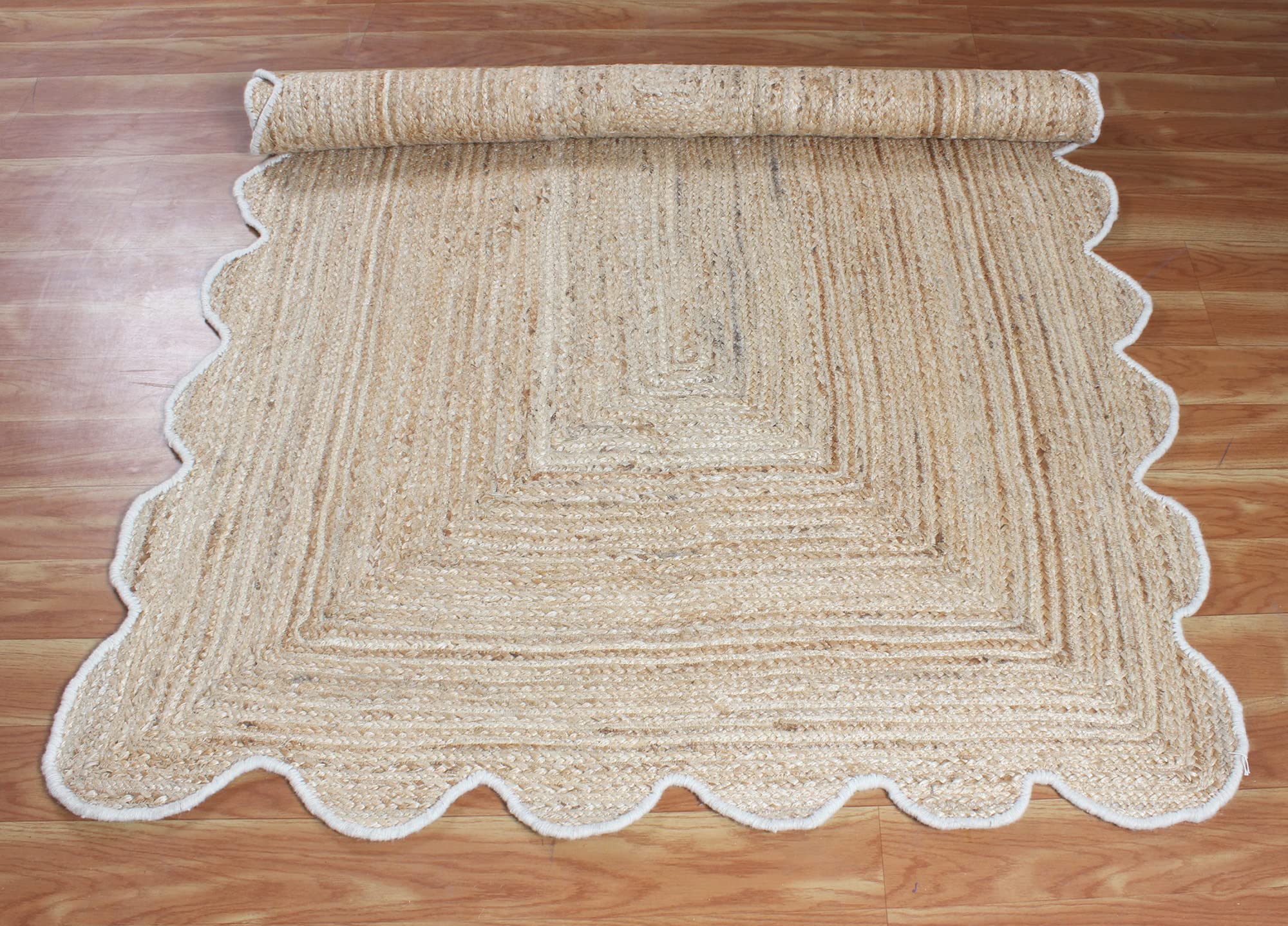 CASAVANI Scalloped Collection Rectangular Area Rug - 4' x 8', Beige Scallop Geometric Jute Rug Ideal for High Traffic Areas in Dining Room, Living Room, Bedroom