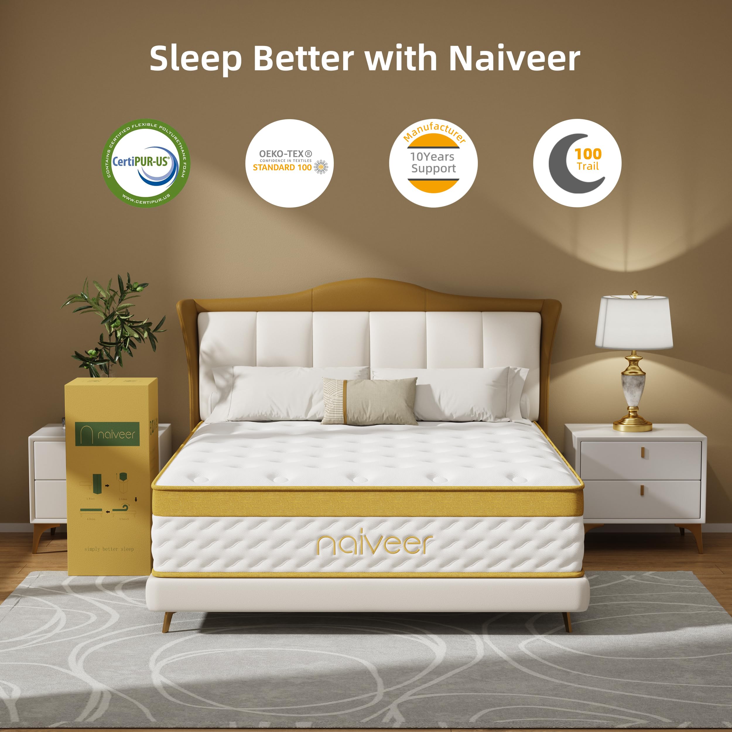 Naiveer Cooling Gel King Size Mattress 14 Inch Memory Foam Hybrid Mattress for Back Pain & Pressure Relief, King Mattress in A Box with Pocket Springs, Medium Firm Feeling with CertiPUR-US Certified