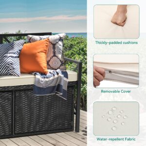 YITAHOME 70 Gallon Outdoor Storage Bench w/Cushion, Wicker Storage Deck Box w/Seat, All-Weather PE Rattan Storage Seating for Patio Furniture, Outdoor Cushions and Garden Tools -Black&Beige