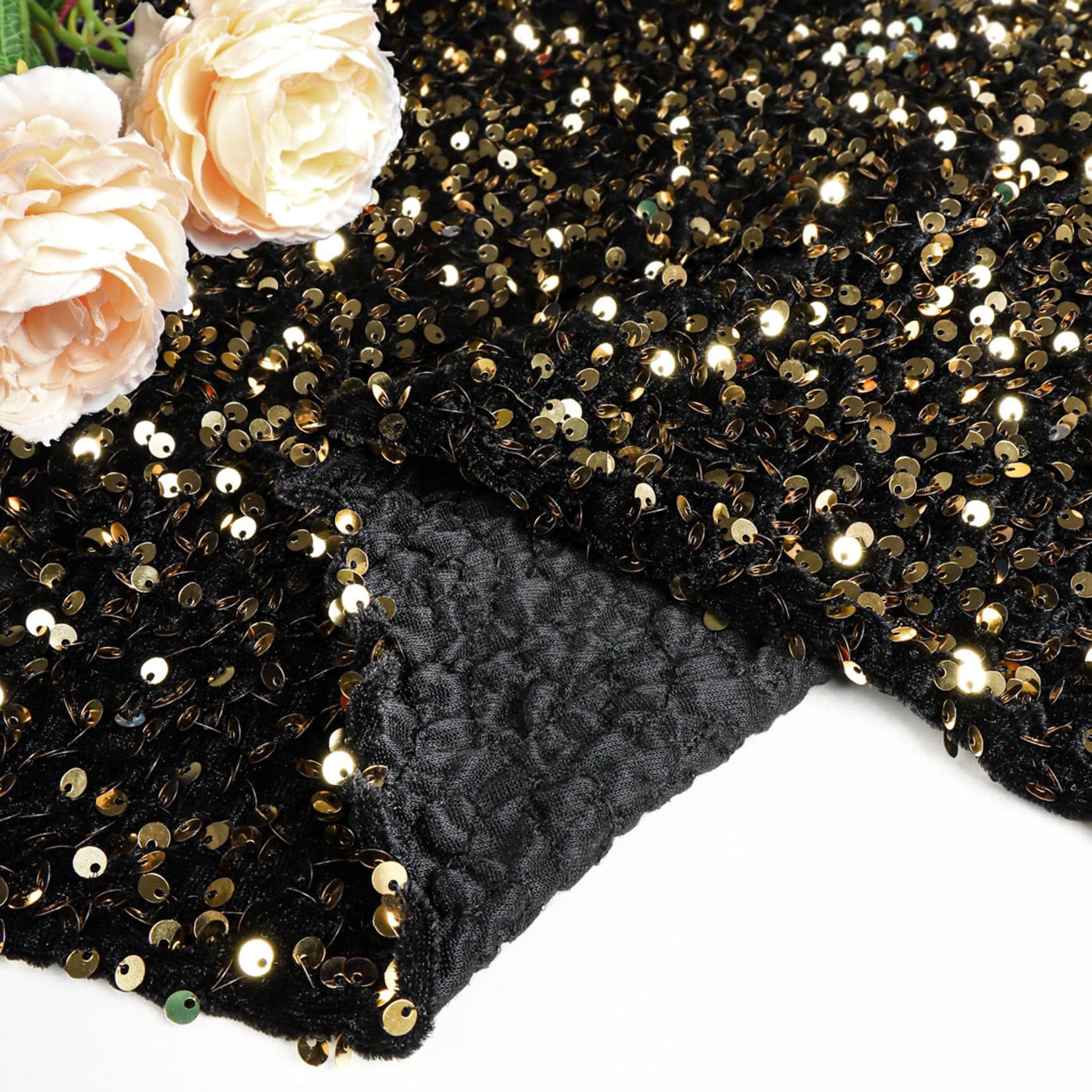 ShinyBeauty Black Gold Fabric Sequin Fabrics by The Yard 3 feet Soft Velvet Material for Sewing Dress Clothing DIY Craft